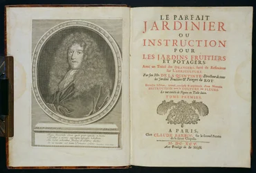 Página de rosto e frontispício de retrato do autor, de O jardineiro perfeito, ou Instrução para jardins de frutas e jardim vegetal, por Jean de la Quintinye, publicado em 1695